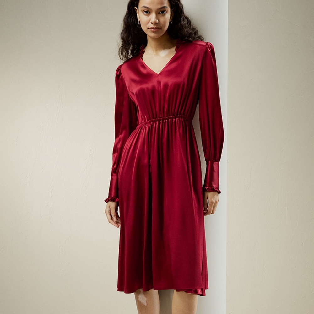 Beautiful V-neck Burgundy Silk Dress